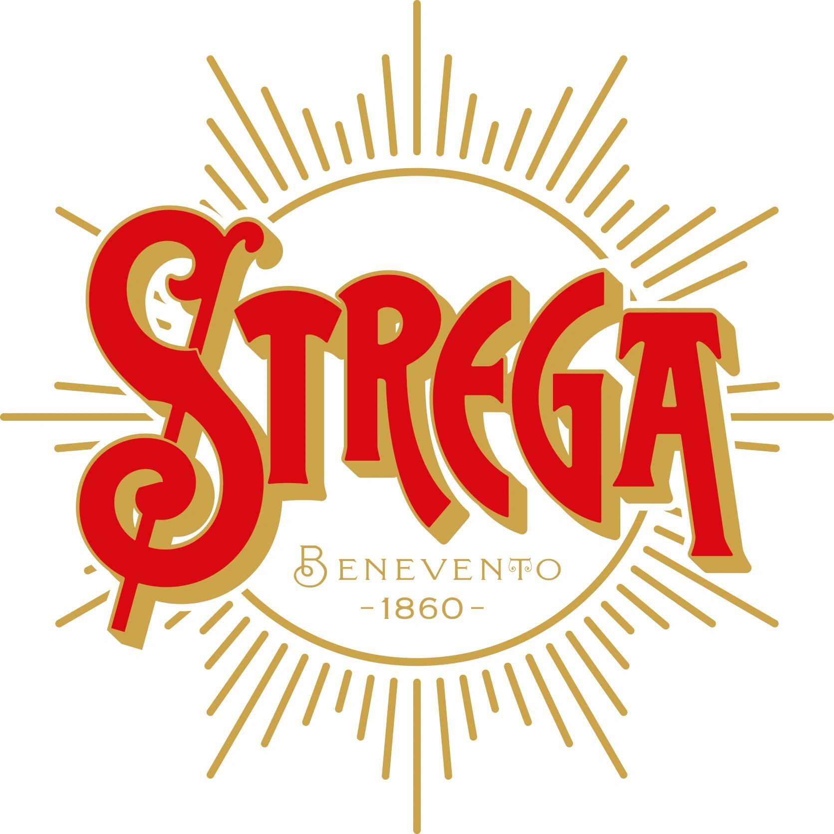 Strega logo with bold red letters and golden sunburst design.