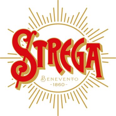 Strega logo with bold red letters and golden sunburst design.
