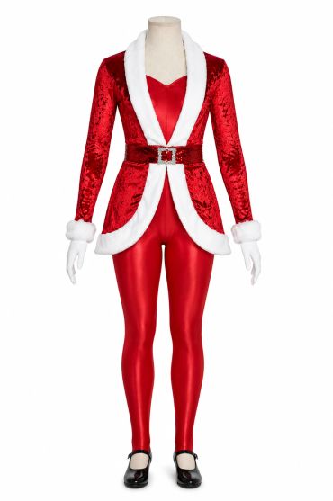 Red and white festive Christmas outfit with leggings and jacket.