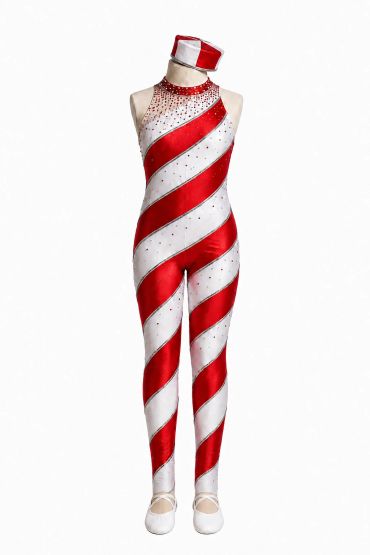 Red and white striped costume with headband.