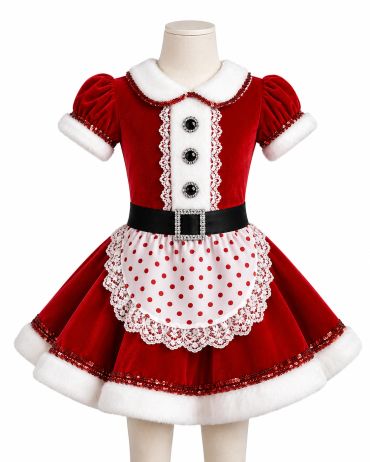 Red Christmas-themed girl's dress with white trim and polka dot apron.