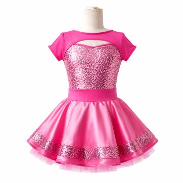 Pink shiny toddler dress with glitter details.