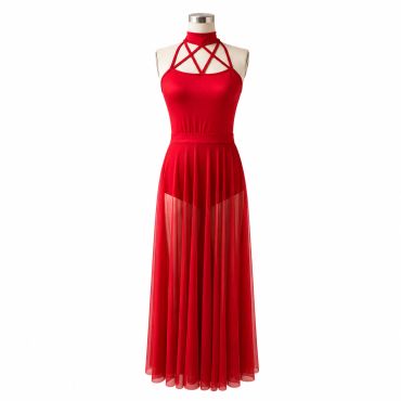 Red halter neck dress with sheer skirt.
