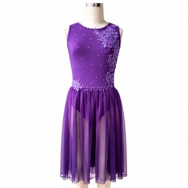 Purple sleeveless dress with floral embellishments and sheer skirt.