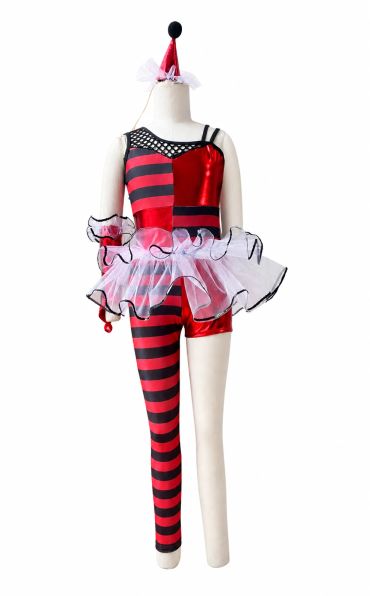 Asymmetric red and black circus costume with tutu and hat.