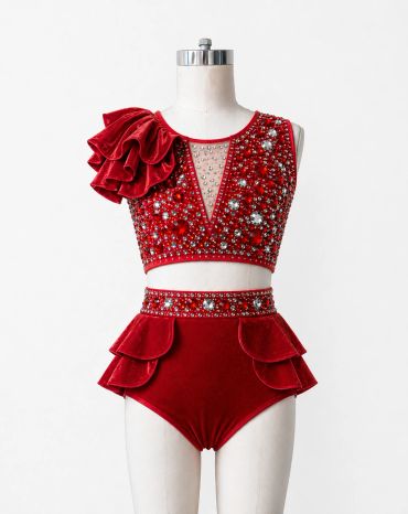 Red embellished two-piece dance costume with ruffles.