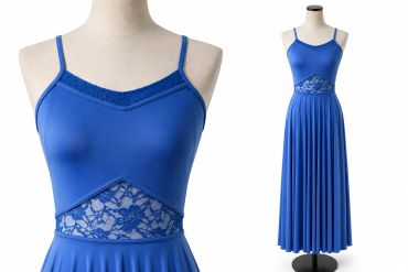 Elegant royal blue dress with lace details and spaghetti straps.