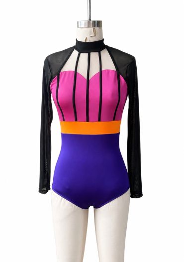 Colorful bodysuit with black mesh long sleeves and neckline.
