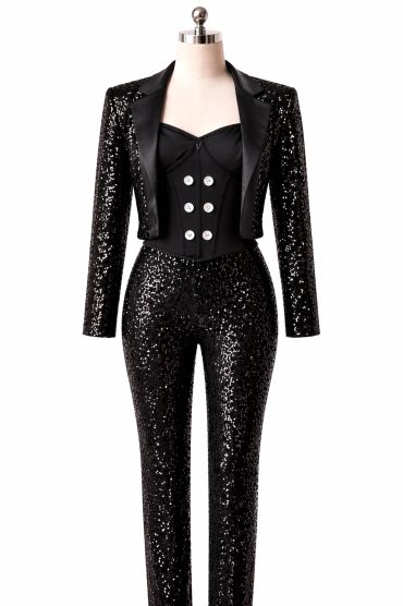 Black sequined women's suit with corset top on mannequin.