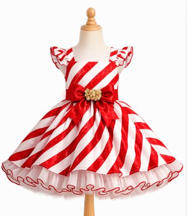 Red and white striped girl's dress with a bow.