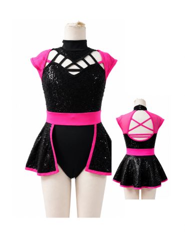 Black and pink sequin dance costume with strappy details.