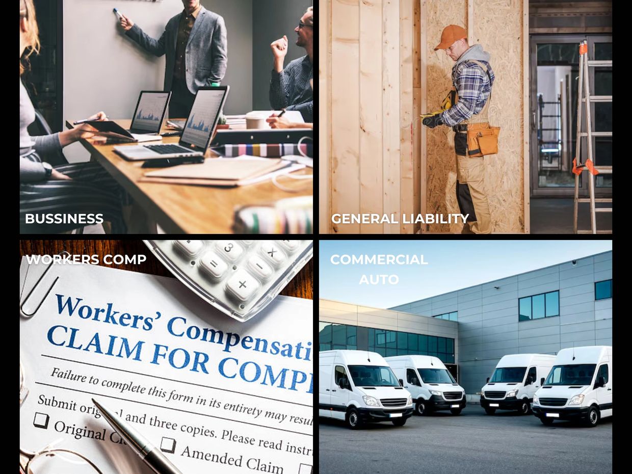 Business insurance coverage for general liability, workers comp, and commercial auto protection.