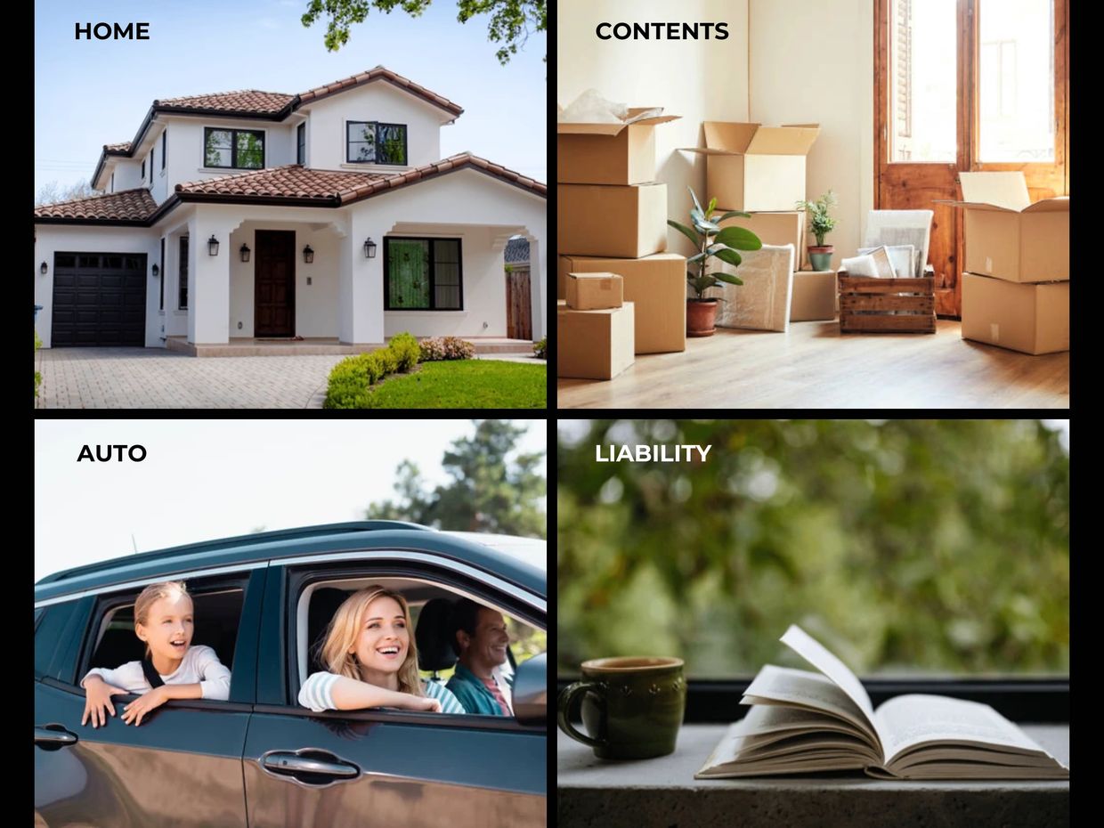 Home, auto and liability insurance options with moving boxes for complete coverage.