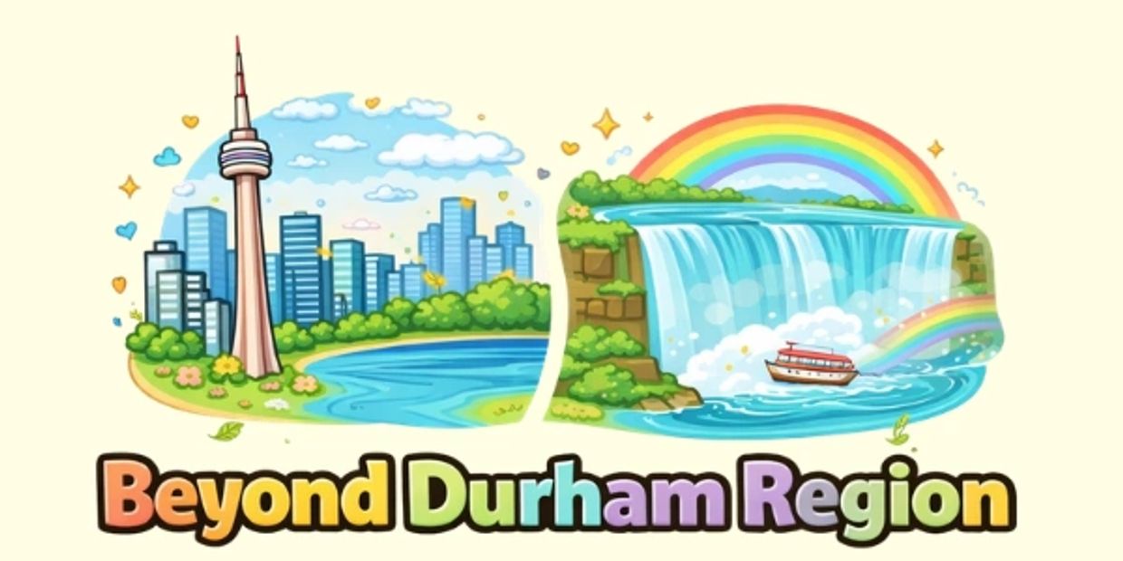 Colorful illustration of Durham Region with cityscape and waterfall.