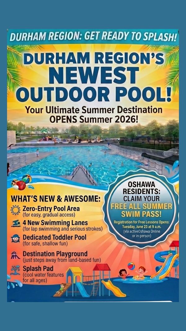 Durham Region's newest outdoor pool opens summer 2026 with zero-entry area, toddler pool, playground, and splash pad.