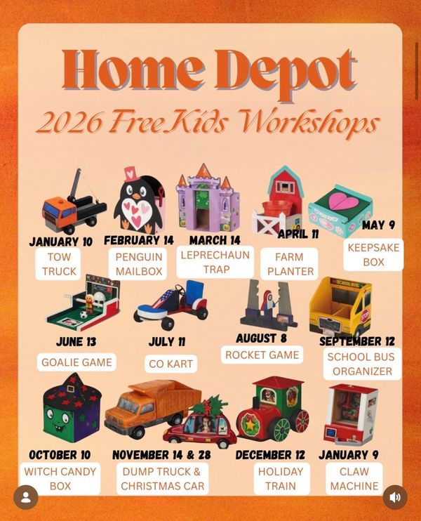 Home Depot 2026 Free Kids Workshops with monthly DIY projects.