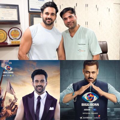 Two men posing in an office and two promotional images of Bigg Boss show hosts.