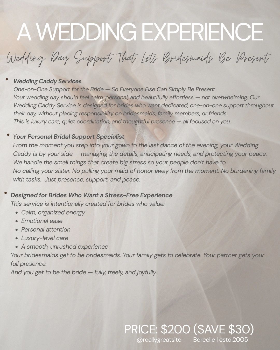 Wedding support service offering personalized bridal care for a stress-free day.