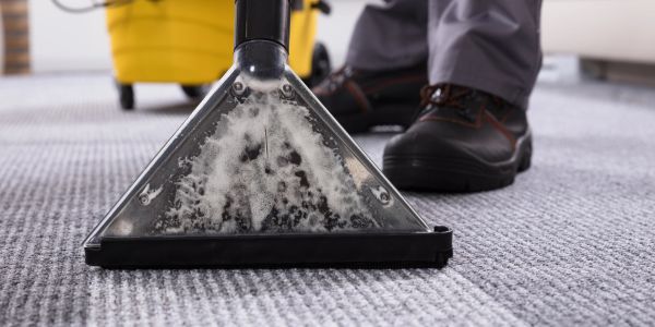 Professional carpet cleaning in progress with a visible dirty water extraction head.