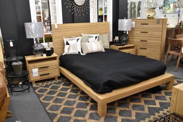 MD Batten Queen and King Bed In Blonde, Batten Two Drawer One Shelf USB Nightstand, and Batten Five 