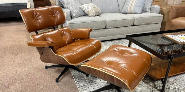 Beautiful Masculine MCM Chair Ottoman Set In Camel Leather 