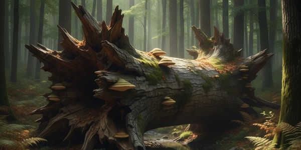 A fallen, moss-covered tree with fungi in a sunlit, dense forest.