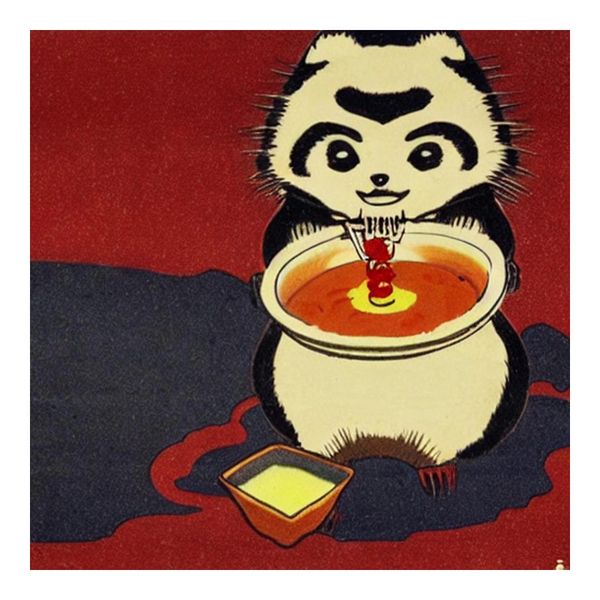 A cute panda holding a bowl of soup with a skewer, next to a small sauce dish.