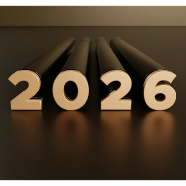 Shiny black and gold 3D numbers forming 2026.