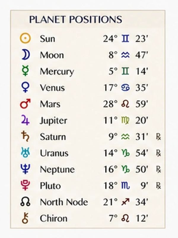 Astrological chart showing planet positions with zodiac signs and degrees.