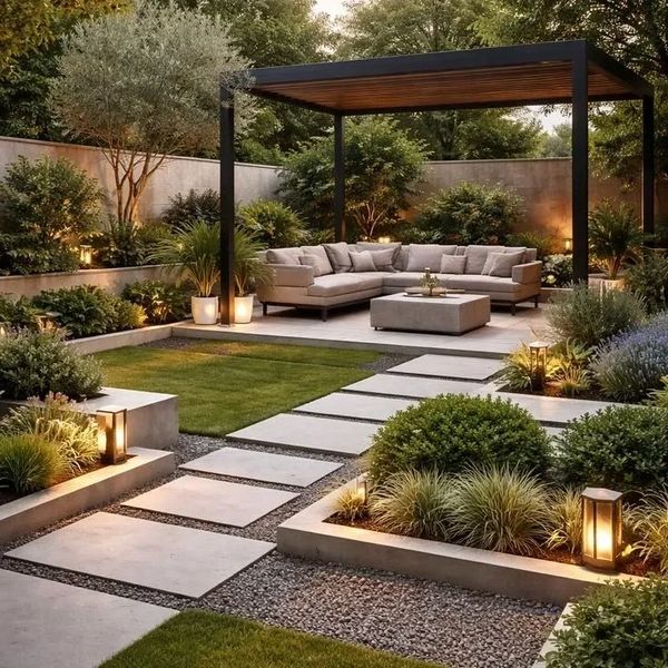 Elegant backyard patio with modern pergola and cozy seating area.