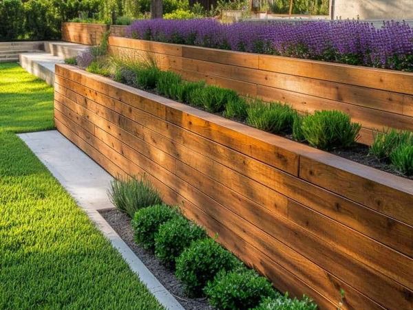 A beautifully landscaped garden with tiered wooden planters and lush greenery.