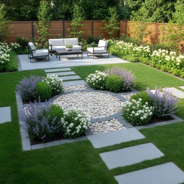 Modern garden with stone paths, white flowers, and outdoor seating area.