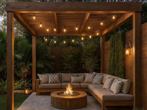 Cozy outdoor patio with wooden pergola, string lights, and fire pit seating area.
