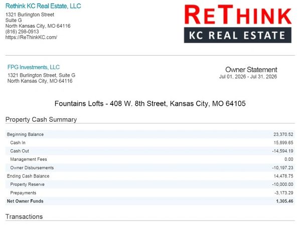 Property cash summary for Fountains Lofts in Kansas City.