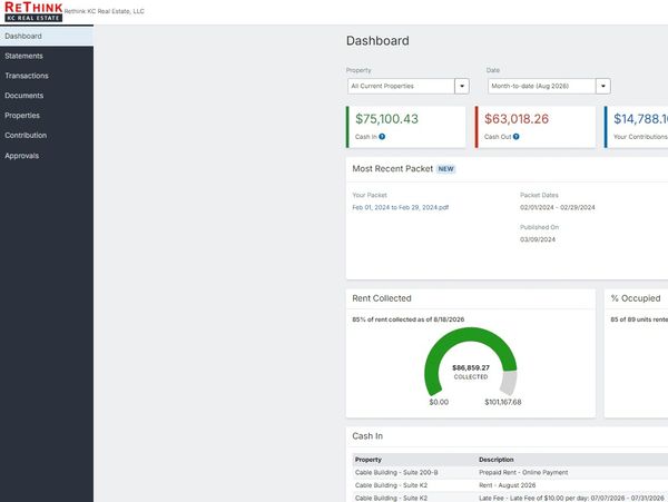 Real estate dashboard showing cash flow and rent collected.