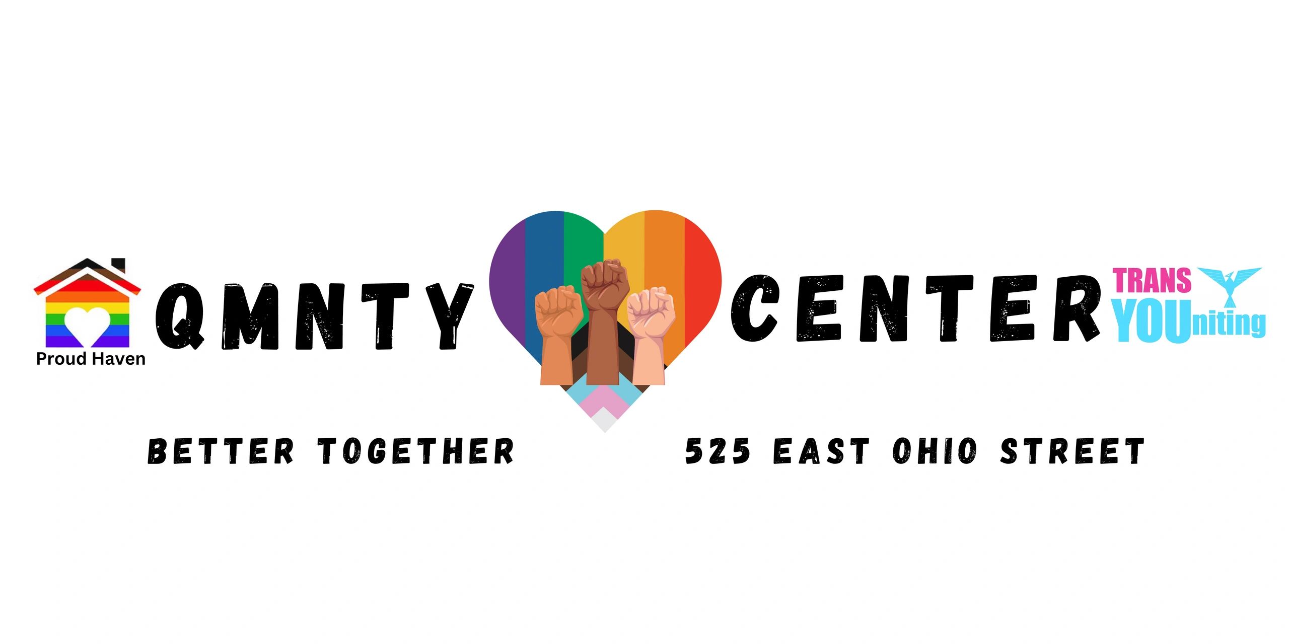 QMNTY Center Logo featuring Proud haven logo of a rainbow house and Trans YOUniting Logo