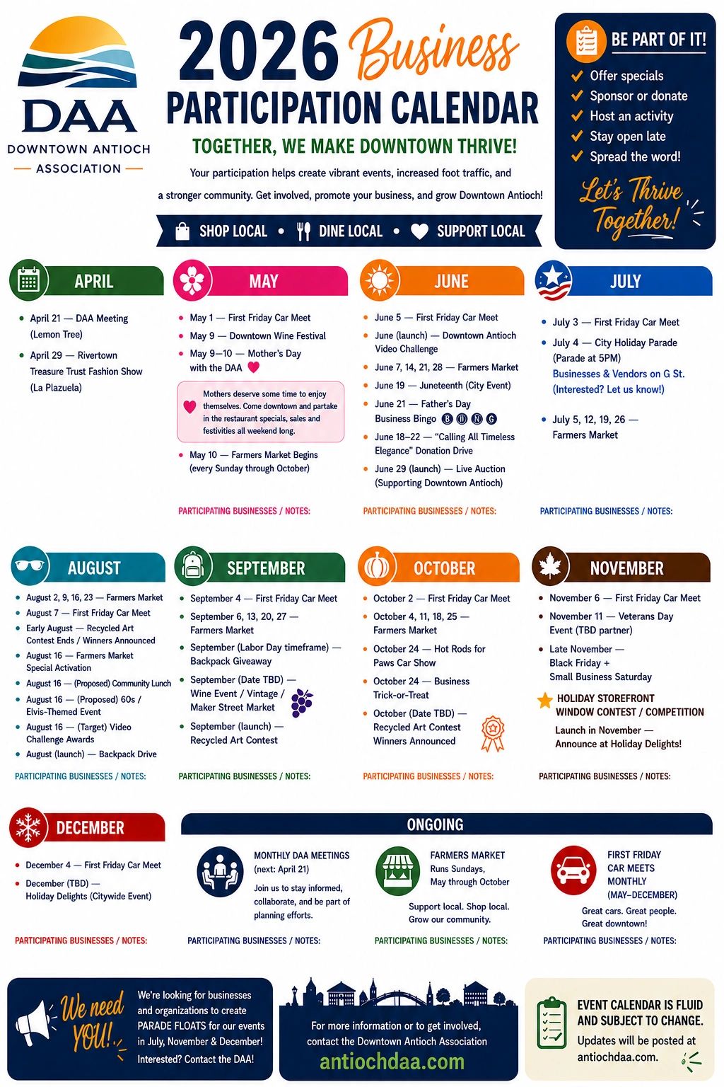 2026 Downtown Antioch Association Business Participation Calendar with monthly events and activities.