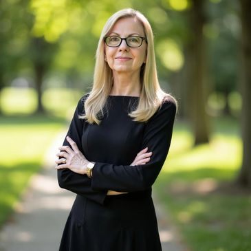 Confident woman with glasses standing outdoors.