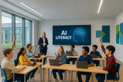 Students actively participate in an AI literacy class with laptops, guided by a teacher in a modern classroom.