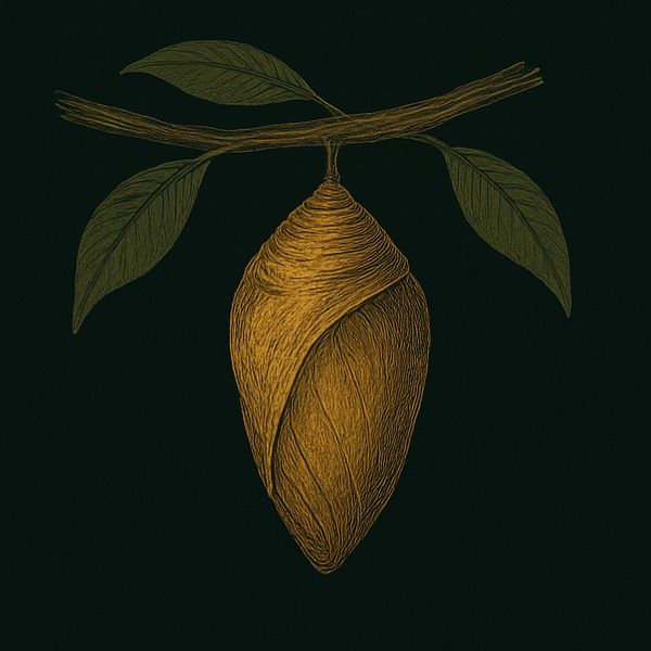 Golden chrysalis hanging from a branch with green leaves on a black background.