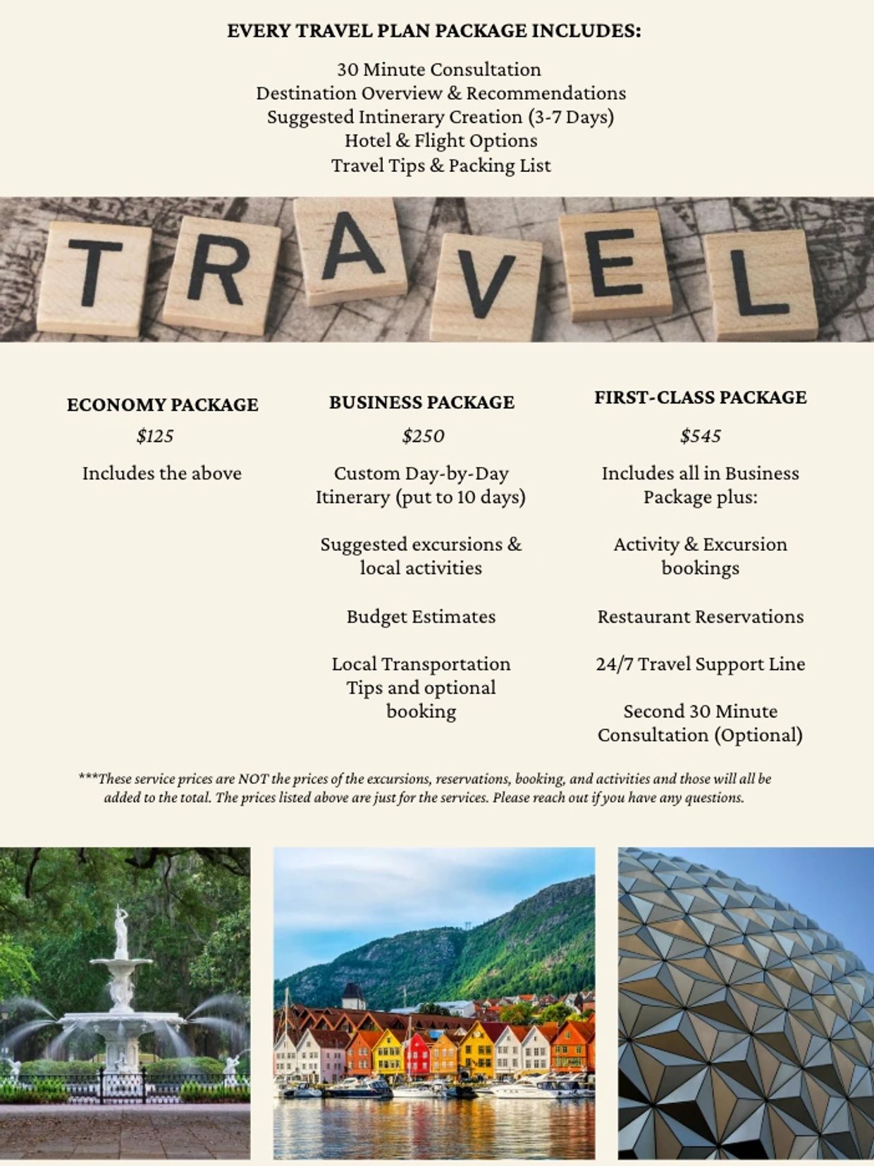 Travel plan packages with pricing and services.