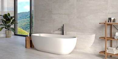 Brusk Sand 24x48 porcelain tile in a bathroom