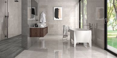 Living Gris 12x24 porcelain tile in a bathroom