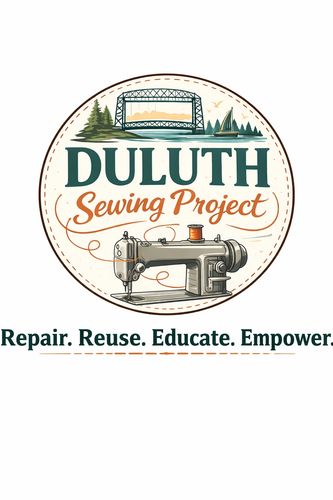 Logo of Duluth Sewing Project with an industrial sewing machine and nature.