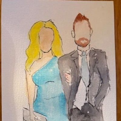 Watercolor painting of a couple dressed formally, no facial features shown.