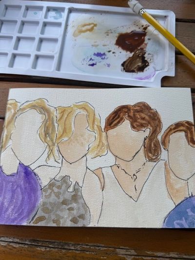 Unfinished watercolor painting of four faceless women with a paint palette and pencil nearby.