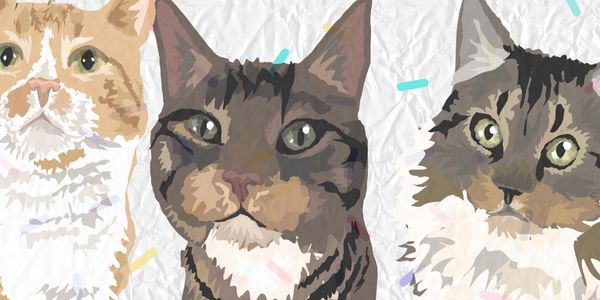 Digital painting of three cats with varied fur colors and patterns.