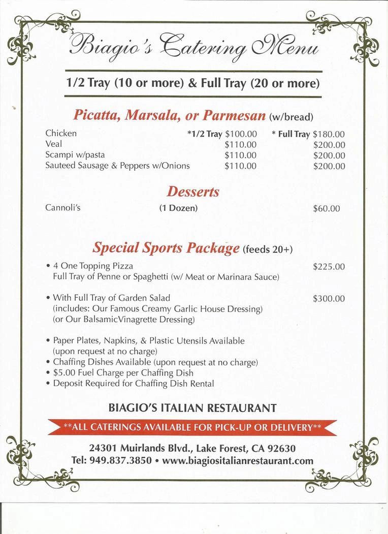 Biagio's Catering Menu: piccata, marsala, or parmesan; desserts; special sports package.






