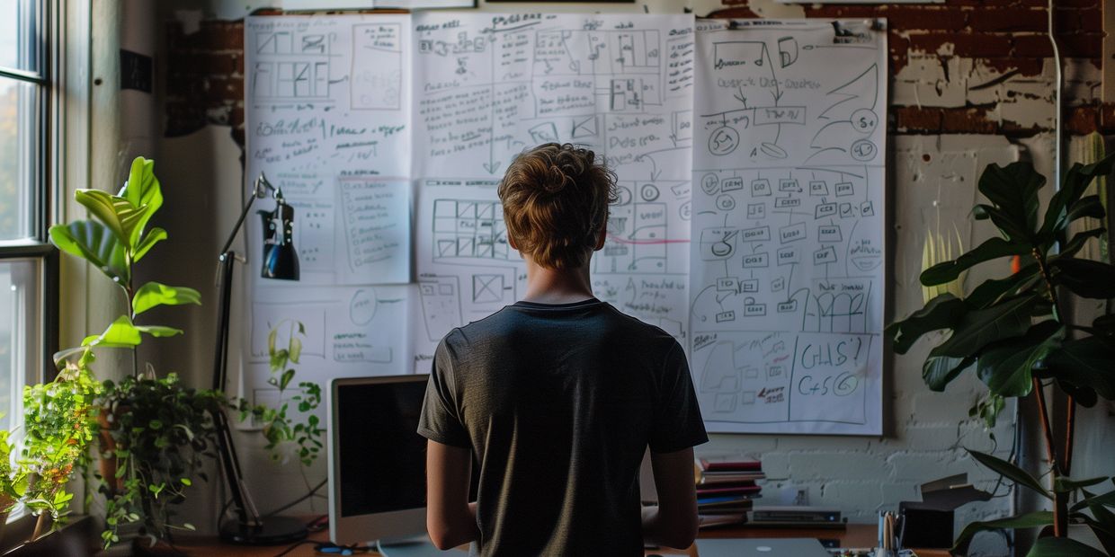 man in front of brainstorming wall