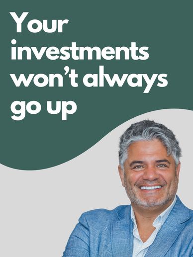 Man smiling with investment caution message.